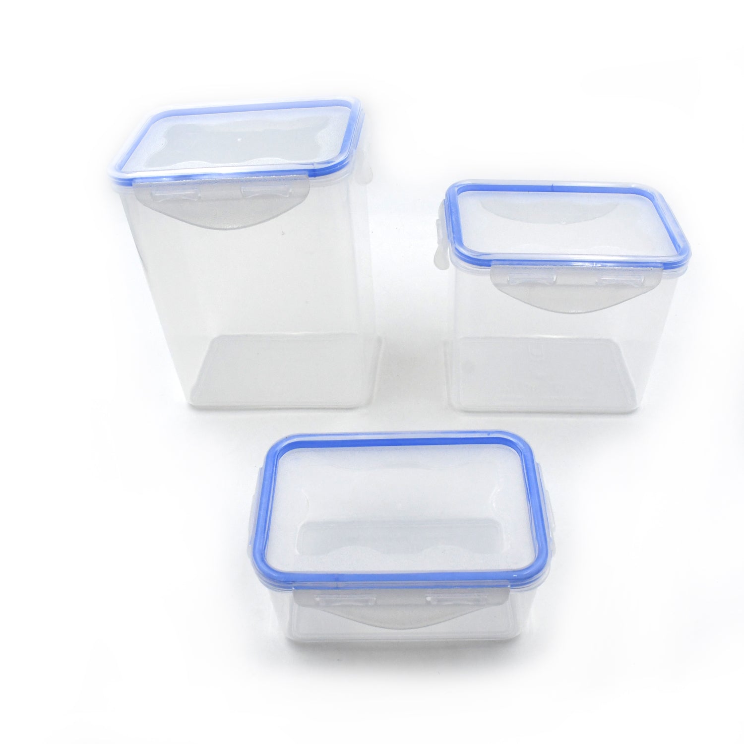 Plastic storage jars with air-tight lids for kitchen use. Plastic storage jars with air-tight lids for kitchen use.